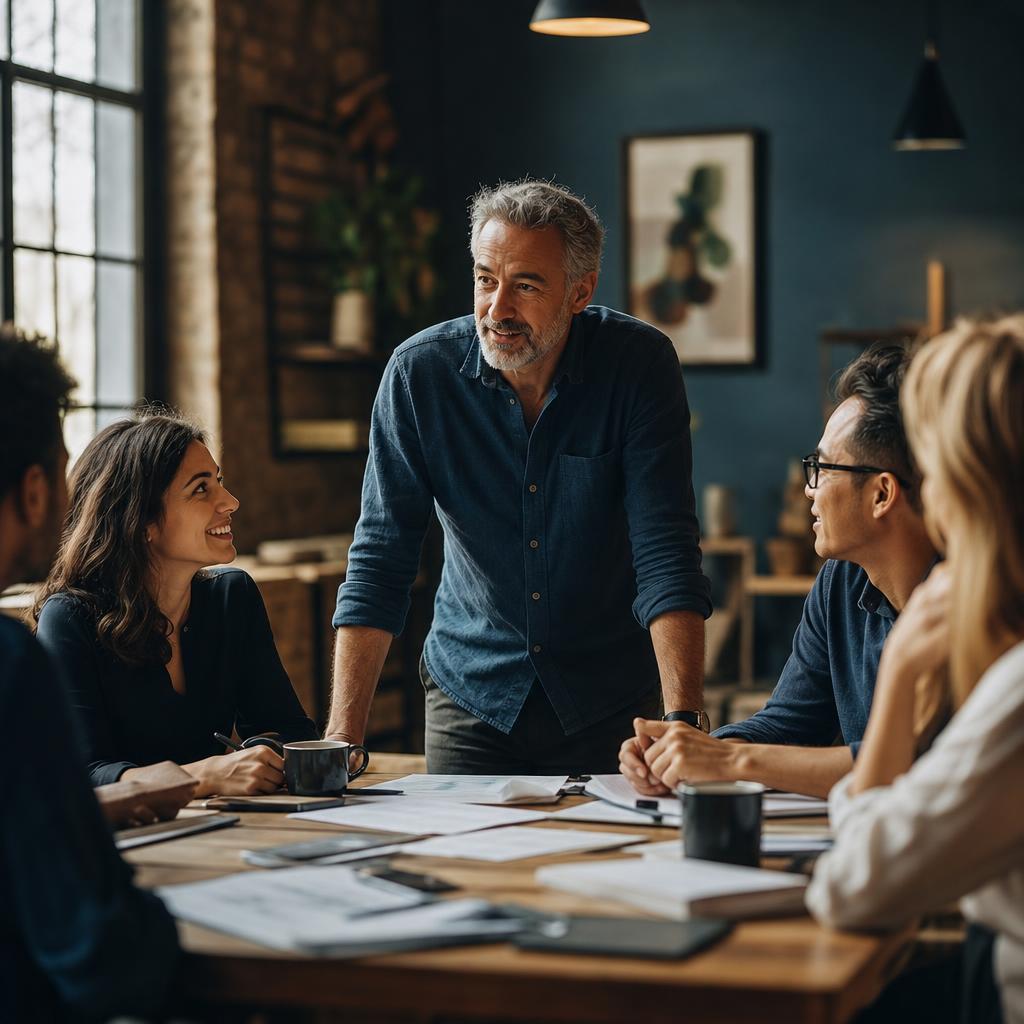 A business founder working closely with their team